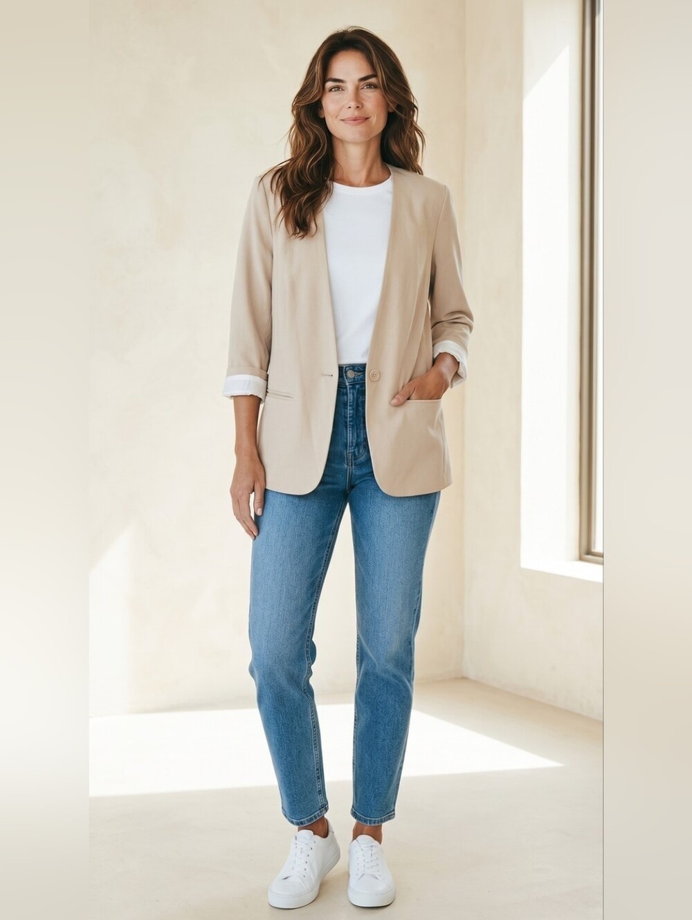 Kensie Cream Blazer with Lapels and Three-Quarter Sleeves, NWT